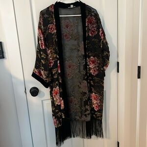 Floral Velvet Fringe Kimono Duster